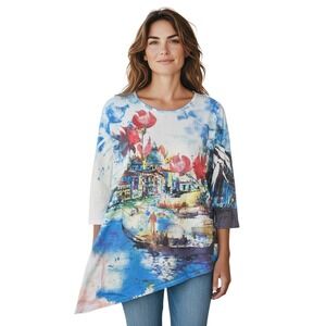 Jess & Jane Venice‎ Scene Tunic Top XL Asymmetrical hem embellished 3/4 Sleeve